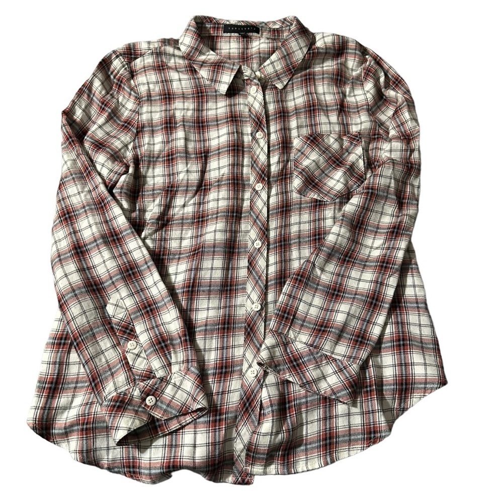 Sanctuary women's large white and orange plaid button down long sleeve shirt